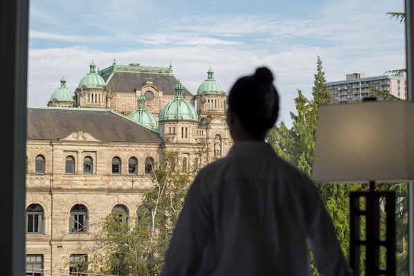 A person standing indoors, looking out at a historic building with multiple domes and a classical architectural style.