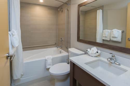 Eco-friendly toiletries, hair dryer, towels, soap