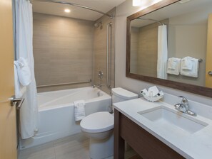 Eco-friendly toiletries, hair dryer, towels, soap