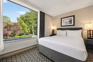 A hotel room with a large bed, two bedside tables with lamps, a window with a view of trees, and a framed picture on the wall.