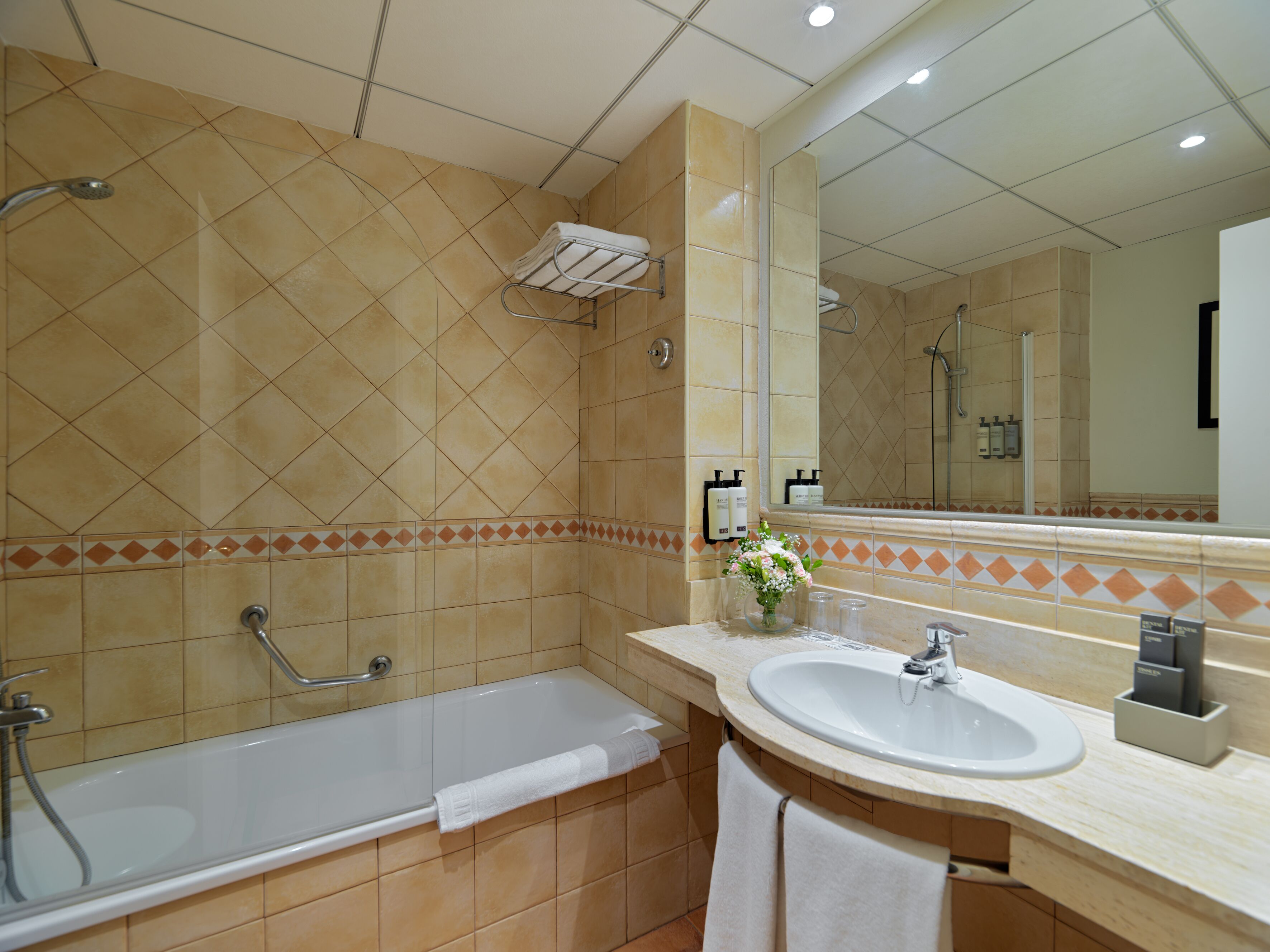 eco-friendly toiletries, hair dryer, towels