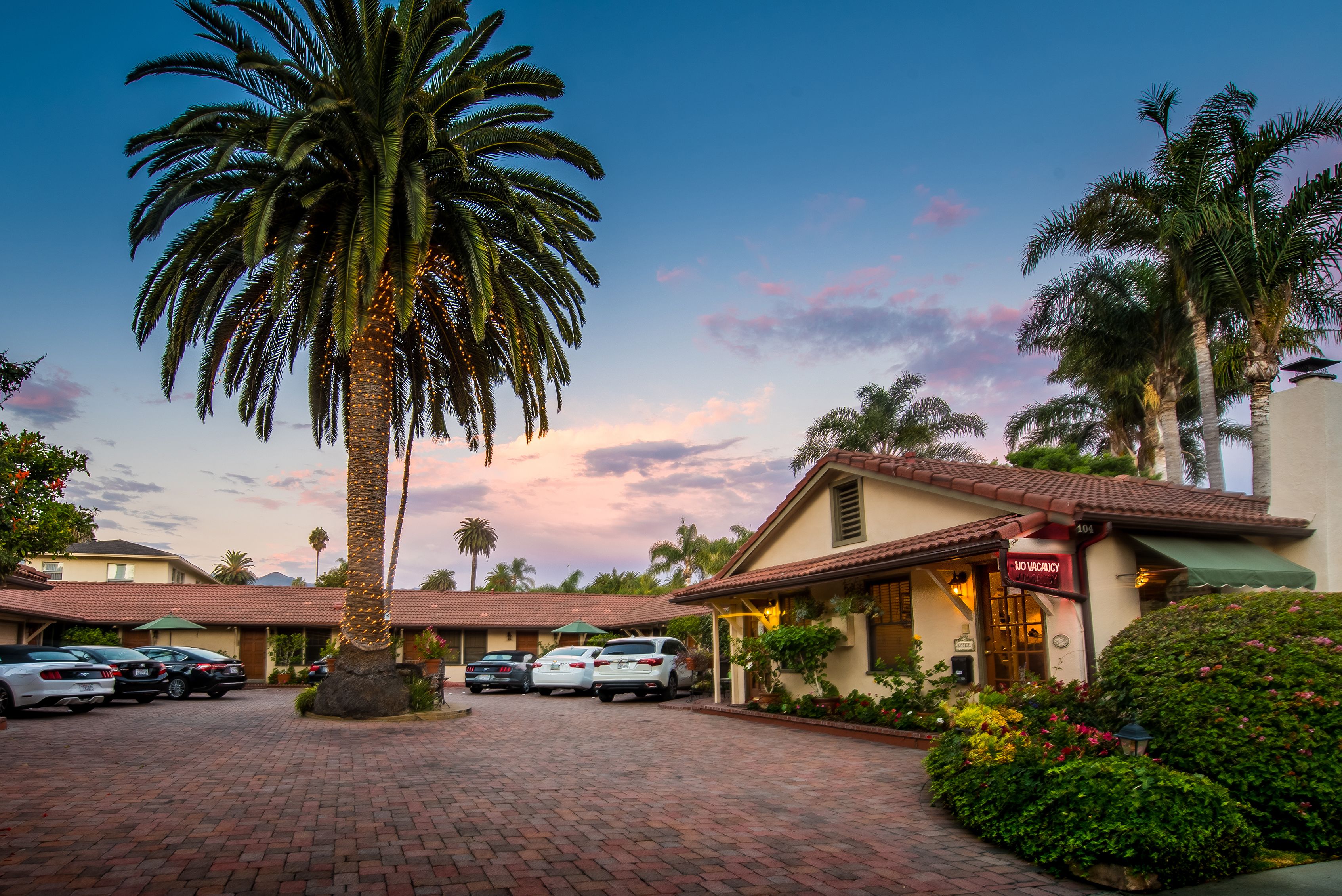 A hotel with a paved driveway, parked cars, and palm trees.