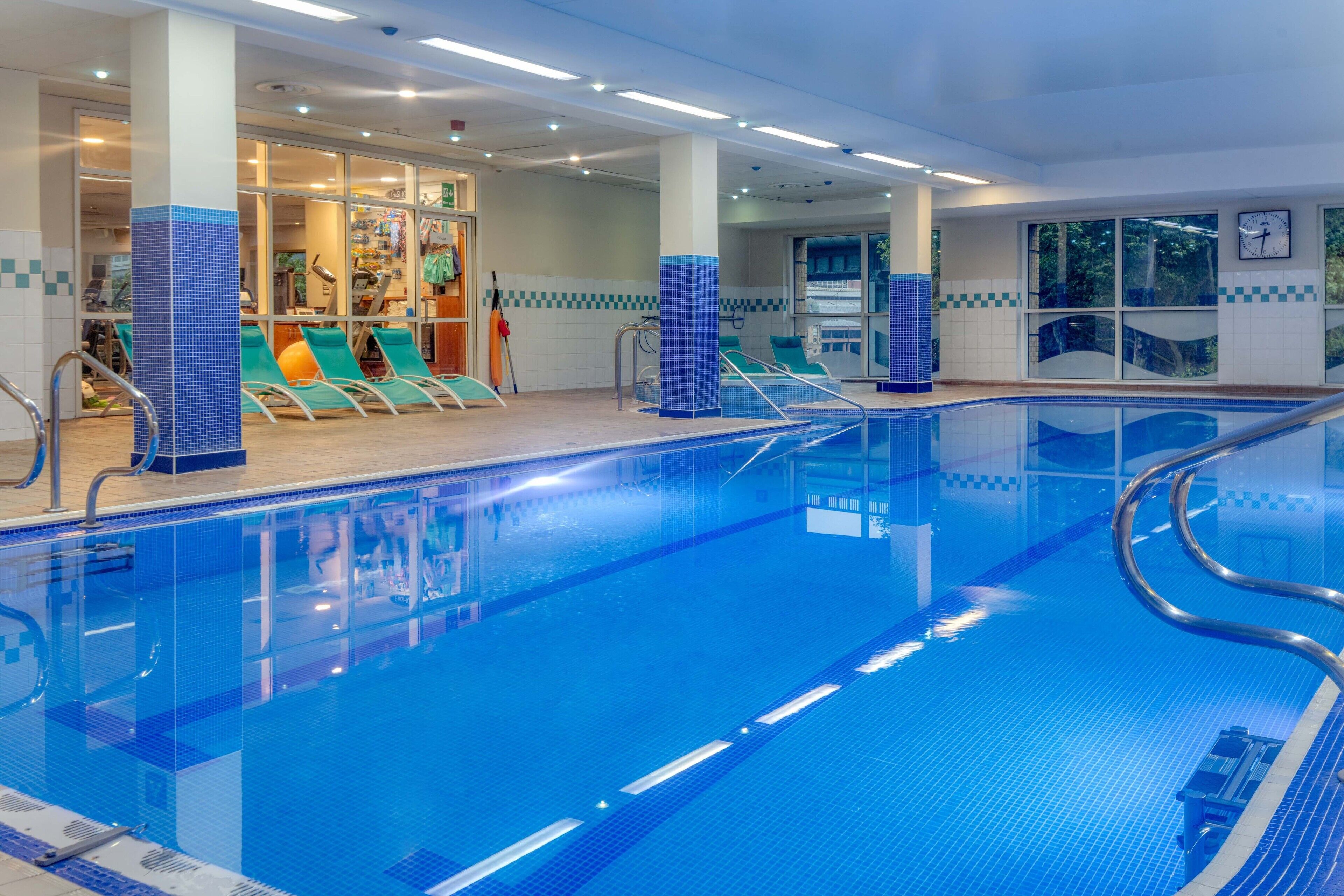 indoor pool, pool loungers