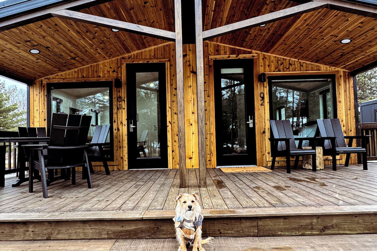 A wooden cabin with a covered deck, outdoor seating, and a dog on the steps.