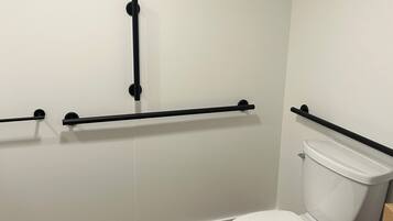 A bathroom with a white toilet, wooden flooring, and black grab bars on the walls.