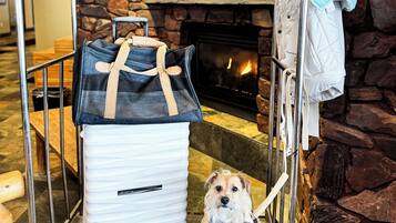 Un carrito de equipaje con una maleta y un perro de pie junto a una pared de piedra y una chimenea.