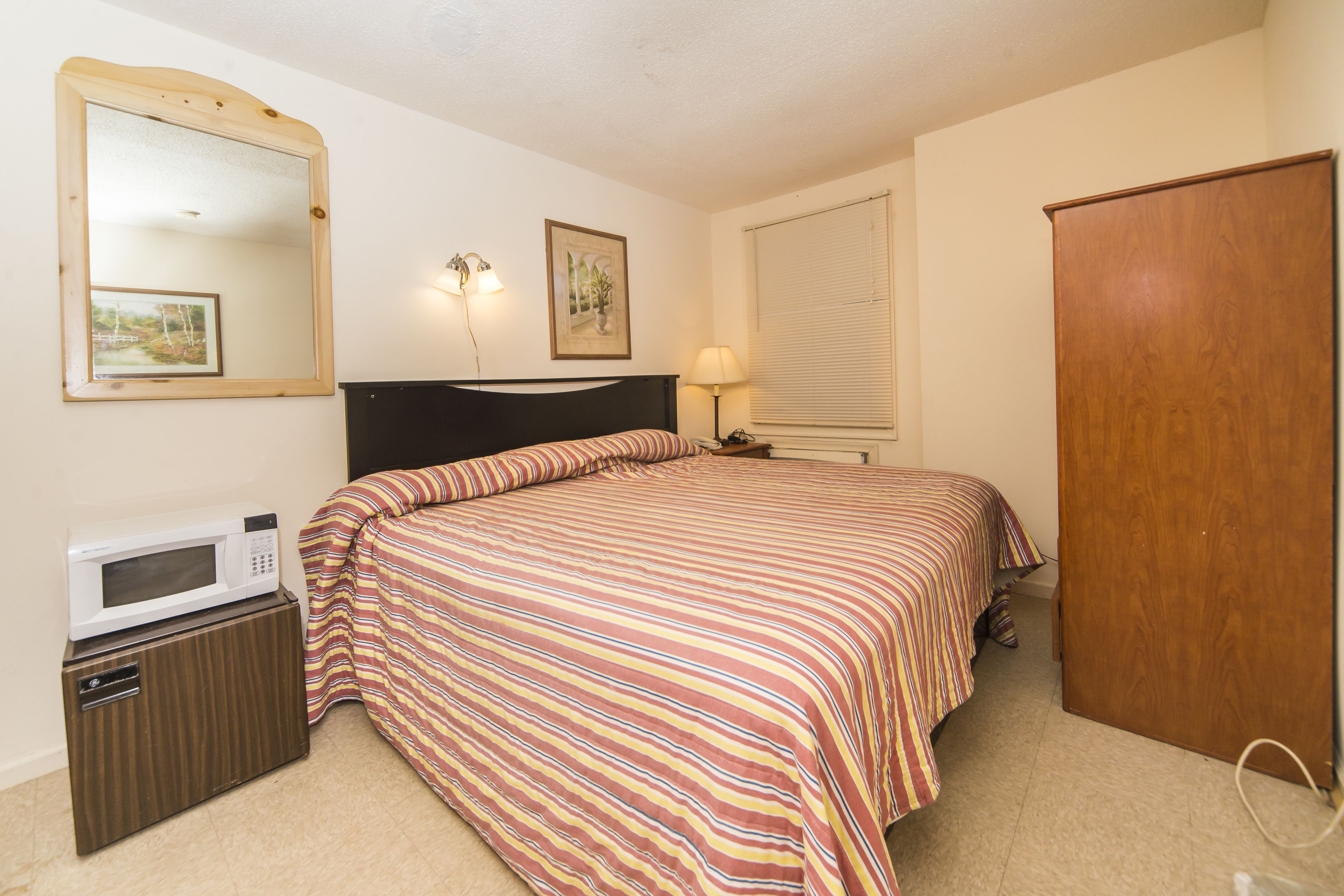 Quarto com cama, guarda-roupa de madeira, mesa de cabeceira com abajur, micro-ondas e um quadro na parede.