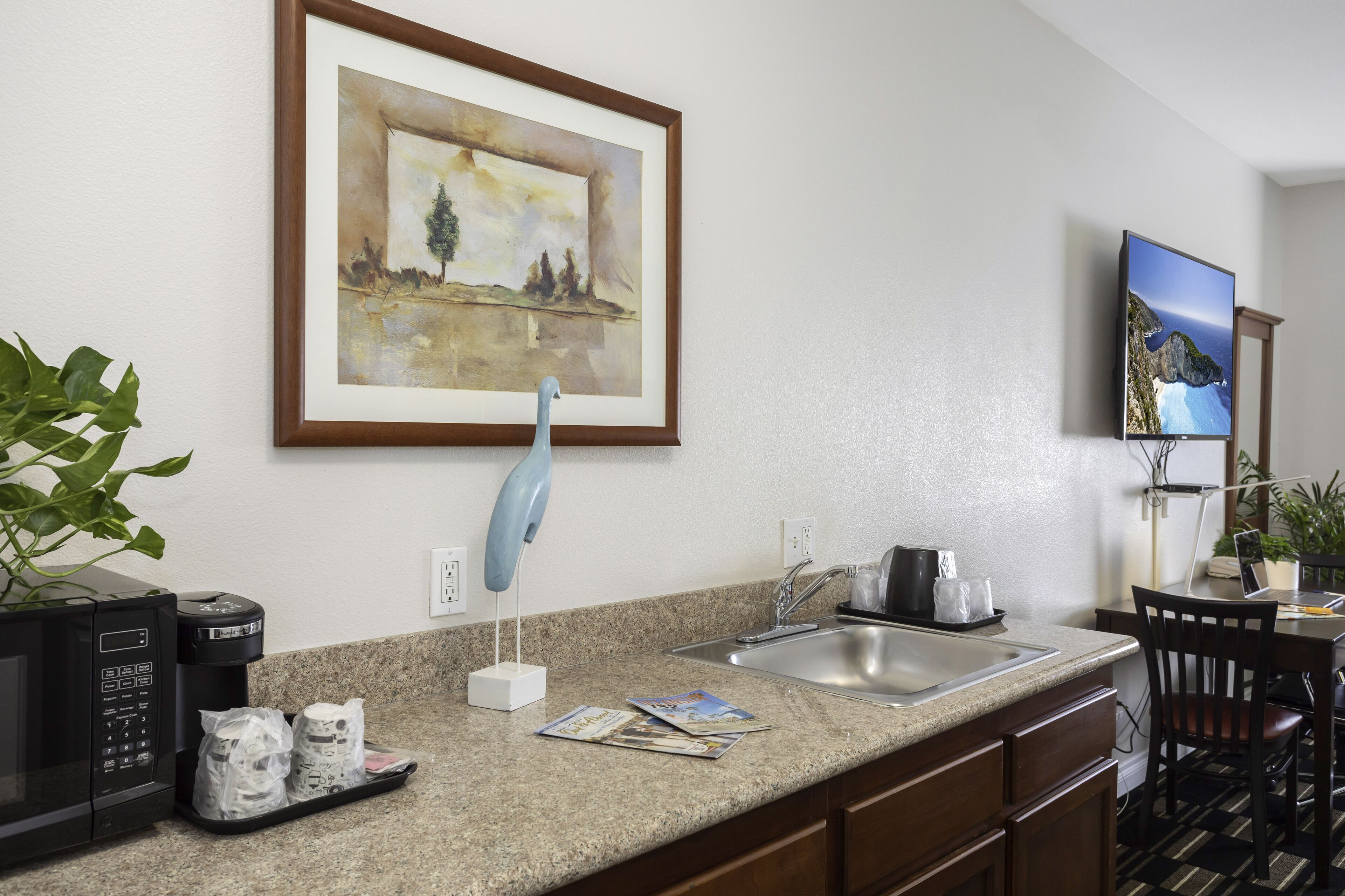 A kitchen with a granite countertop, a coffee maker, a sink, and a framed painting above the counter.
