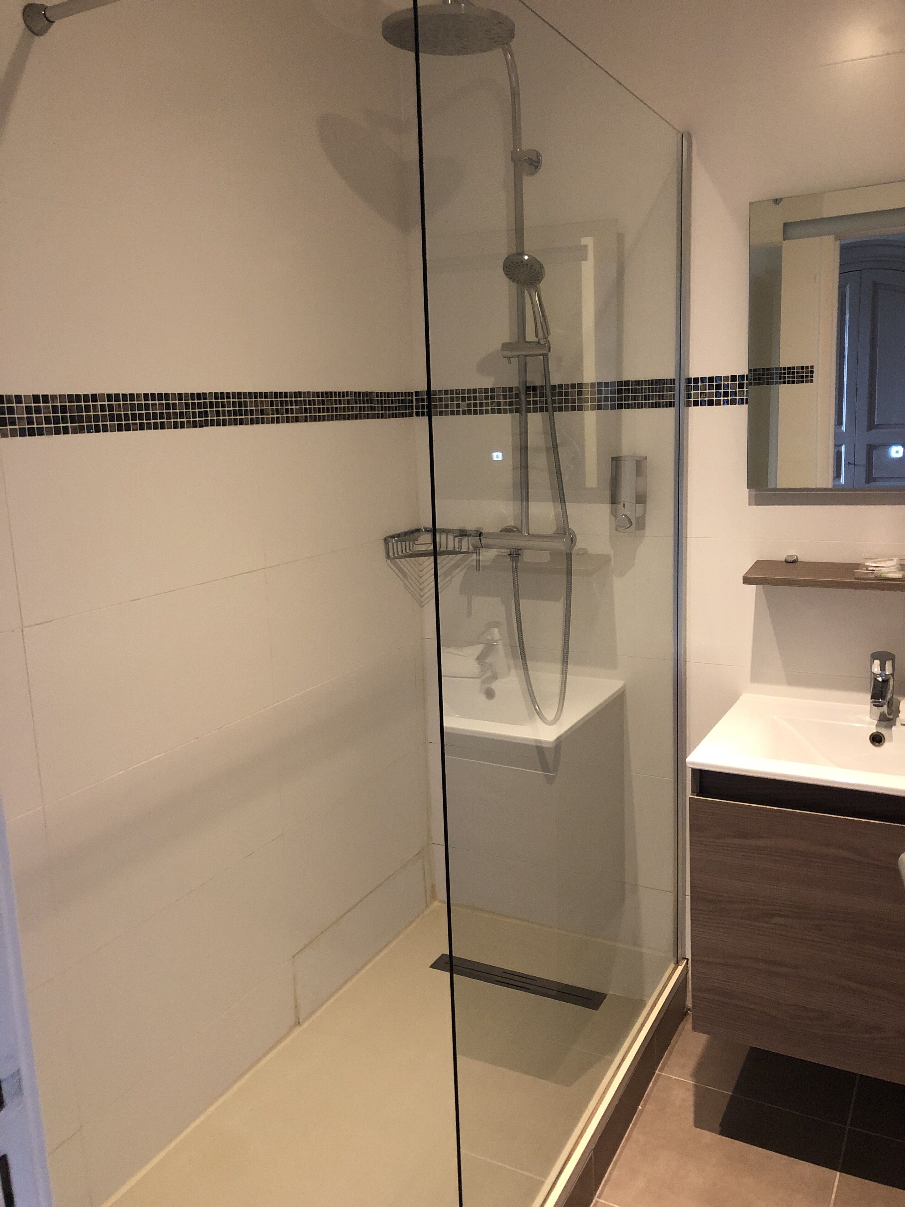 standard double room | bathroom | shower, hair dryer, towels