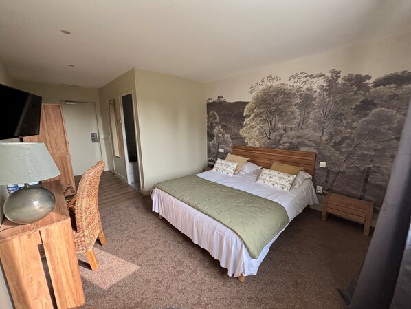 A bedroom with a bed, a chair, a lamp, and a TV.