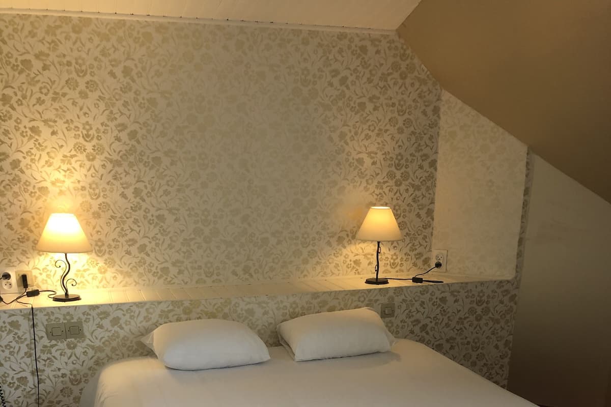 Un lit bien fait, avec deux oreillers, deux lampes de chevet et un papier peint à motifs floraux.