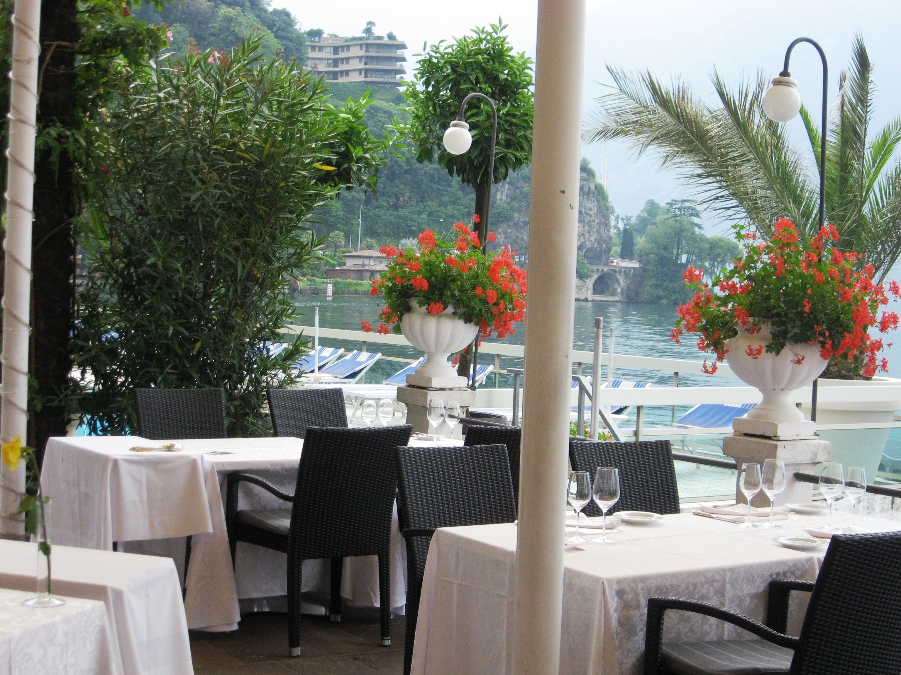 Un restaurant doté d’une terrasse offrant une vue sur un plan d’eau, avec des tables et des chaises blanches, ainsi que de grands pots de fleurs ornés de fleurs rouges.