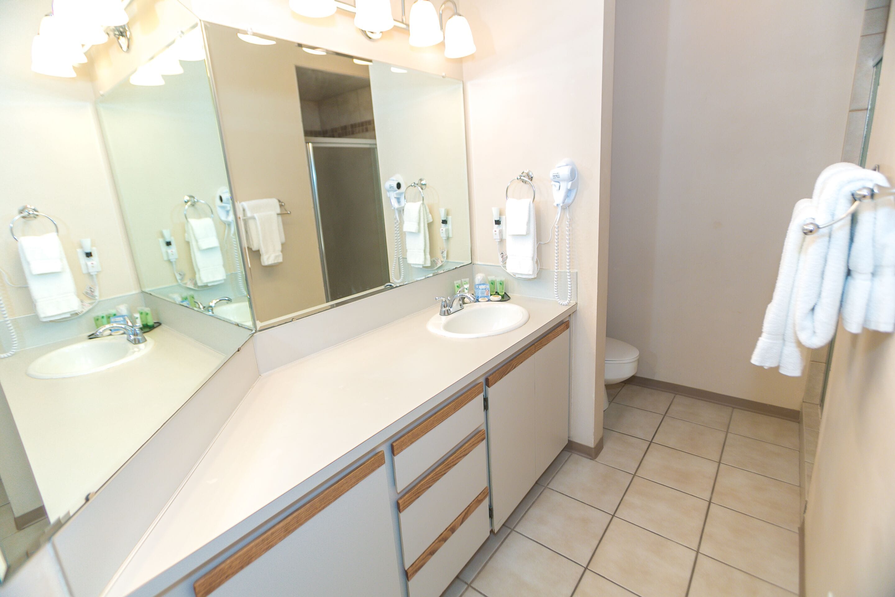 Une salle de bain moderne avec deux lavabos, un grand miroir et une douche.