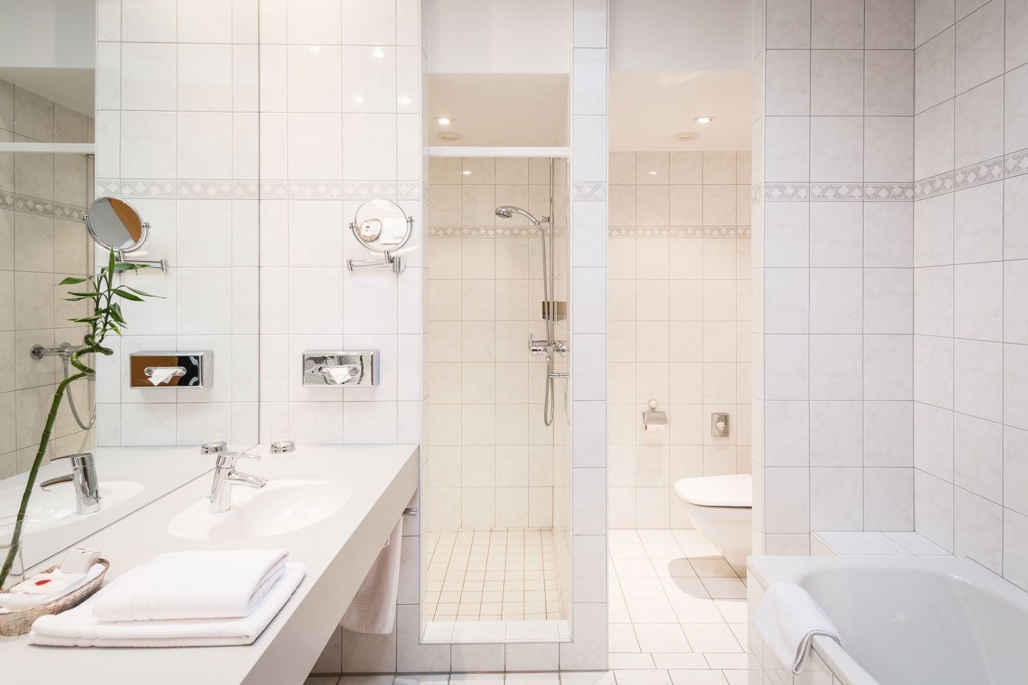A modern bathroom with a walk-in shower, a bathtub, and a vanity with two sinks.
