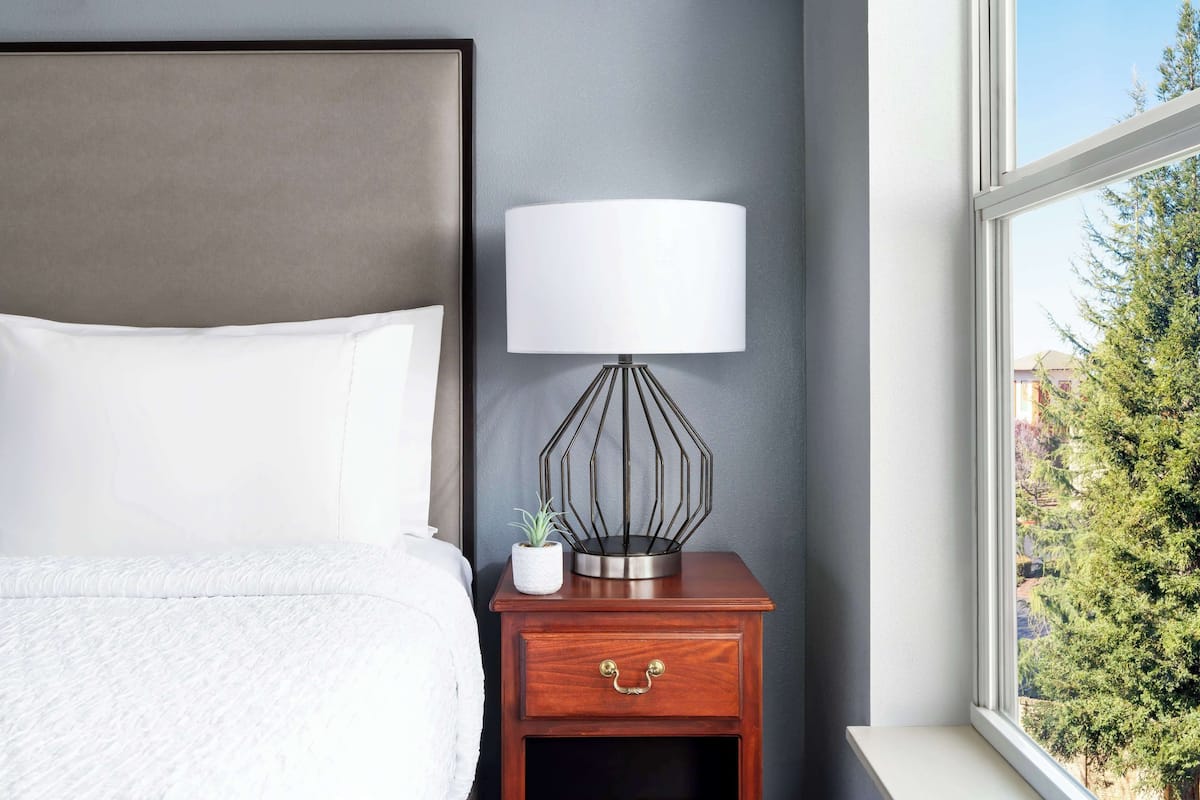 A neatly made bed with white linens, a bedside lamp with a white shade, and a small potted plant on a wooden nightstand.