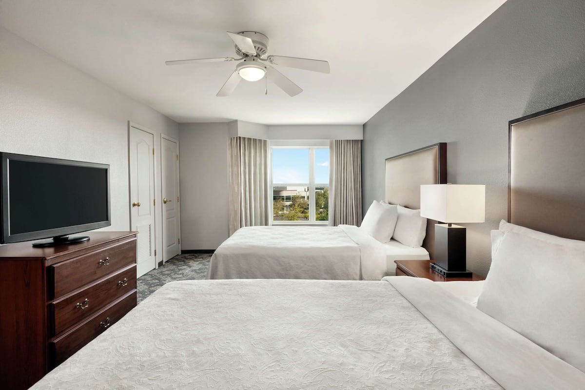 A hotel room with two beds, a TV, a ceiling fan, and a view of the outdoors.