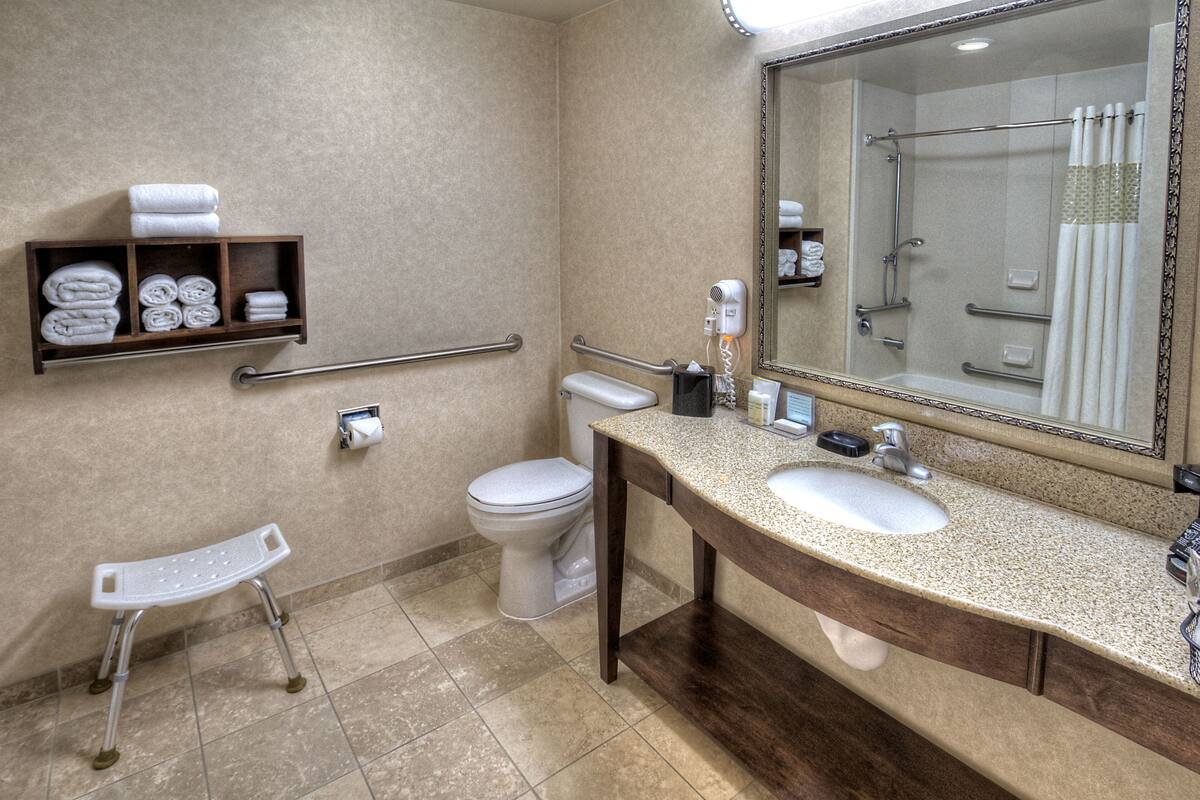 combined shower/bathtub, free toiletries, hair dryer, towels