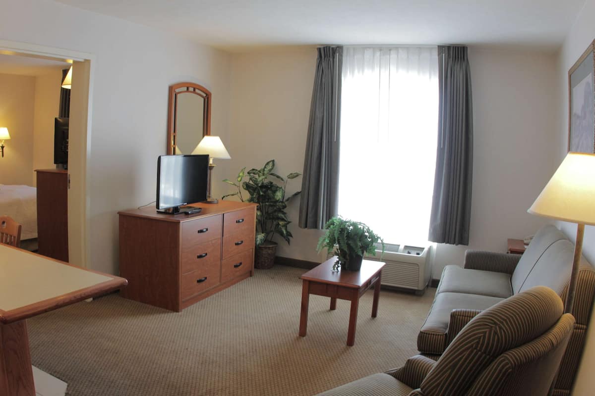 Suite, 1 habitación | Área de sala de estar | Televisión LED de 32 pulgadas con canales por cable y televisión