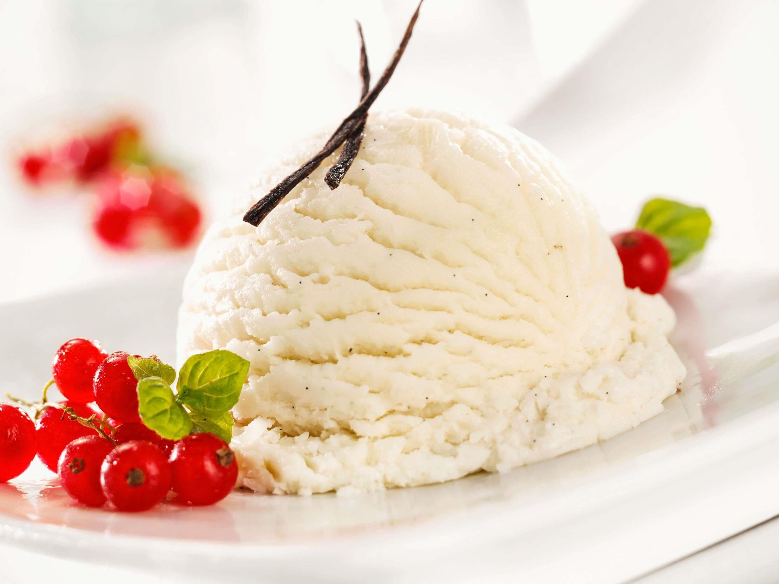 A dessert with a vanilla bean on top, surrounded by red currants and mint leaves.