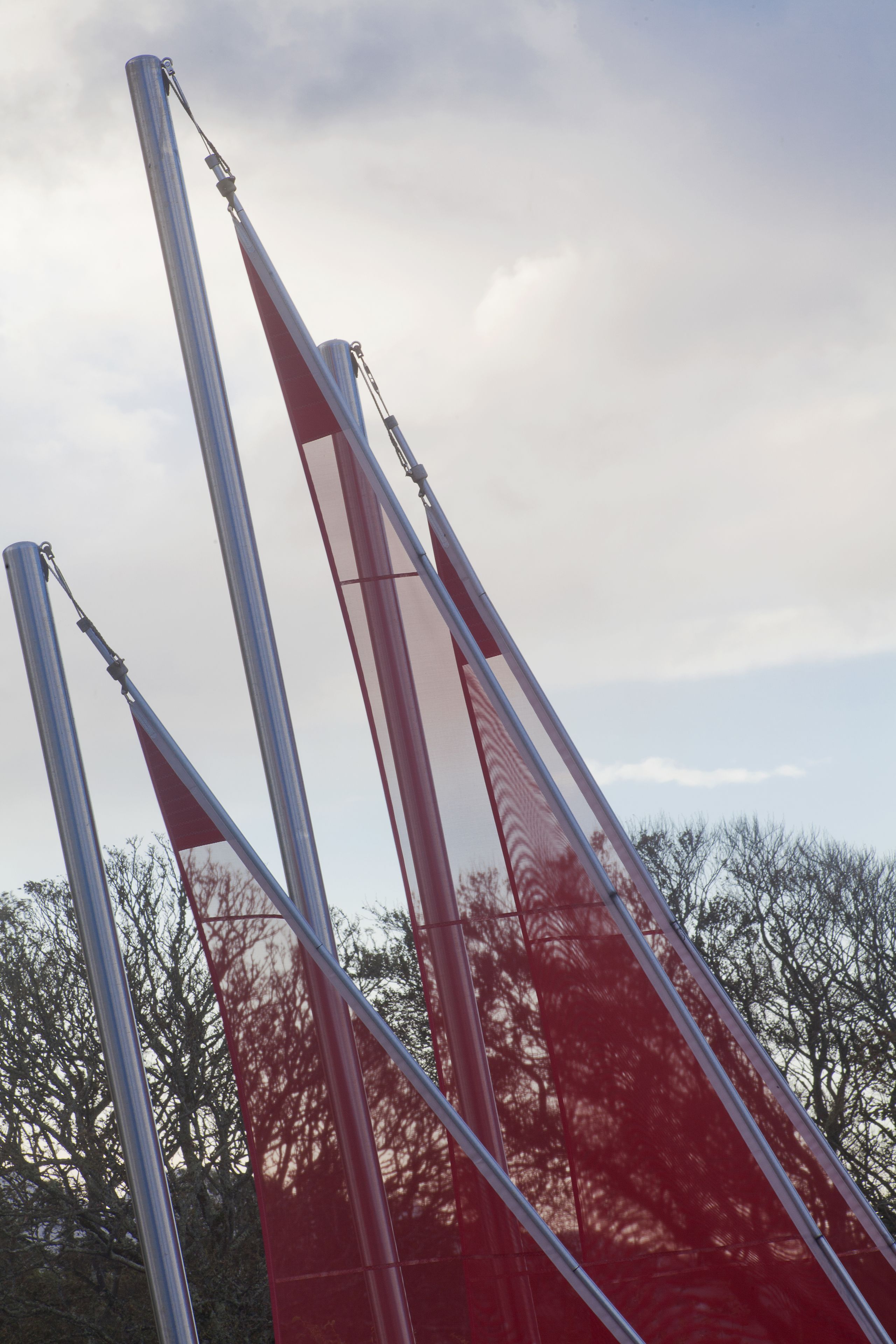 Een constructie met meerdere verticale palen en rode stoffen elementen, waarschijnlijk onderdeel van een zeil of luifel, voor een achtergrond van bomen en een bewolkte lucht.