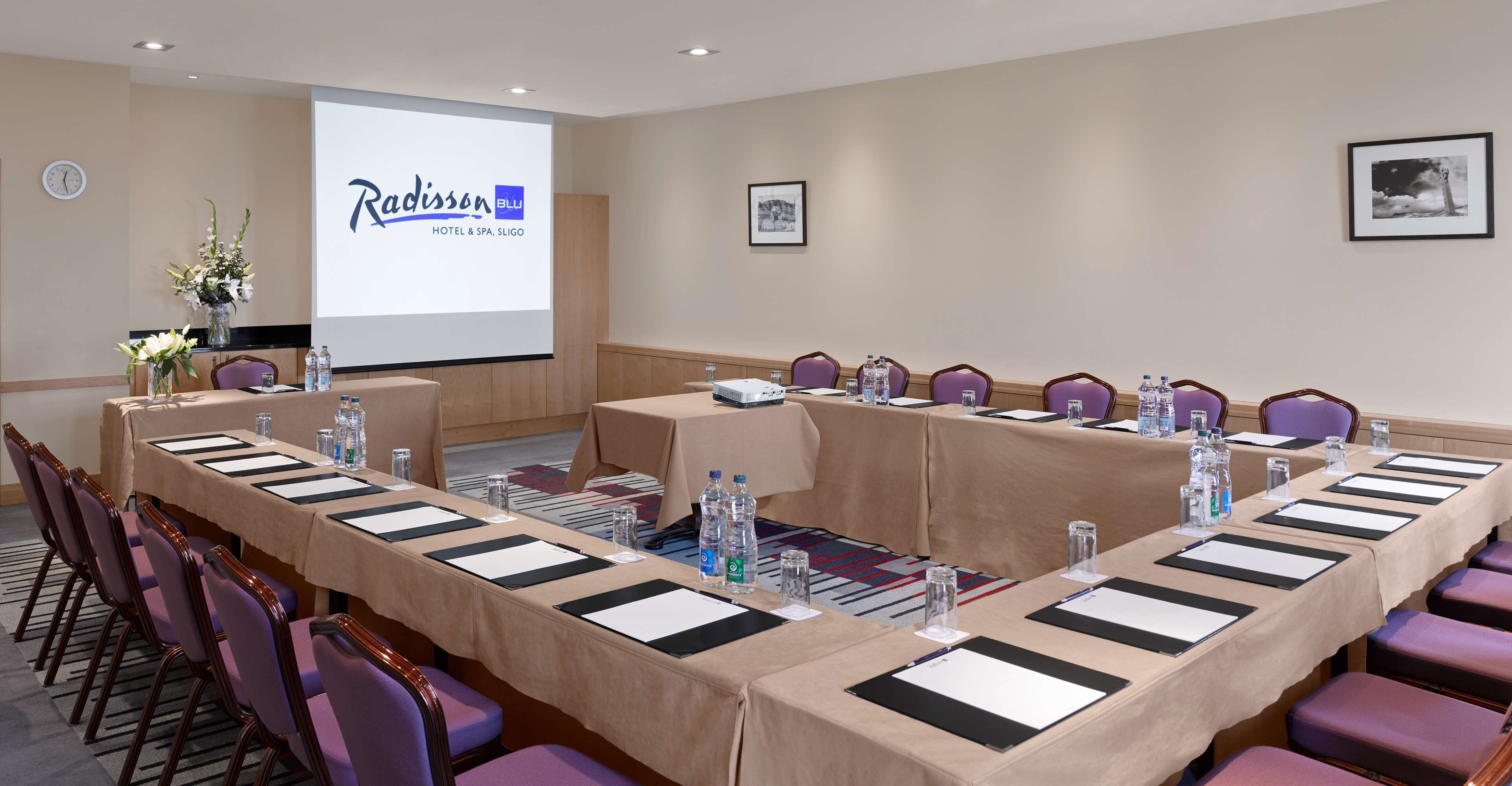A conference room with a long table, chairs, water bottles, and a projector screen displaying the Radisson BLU logo.