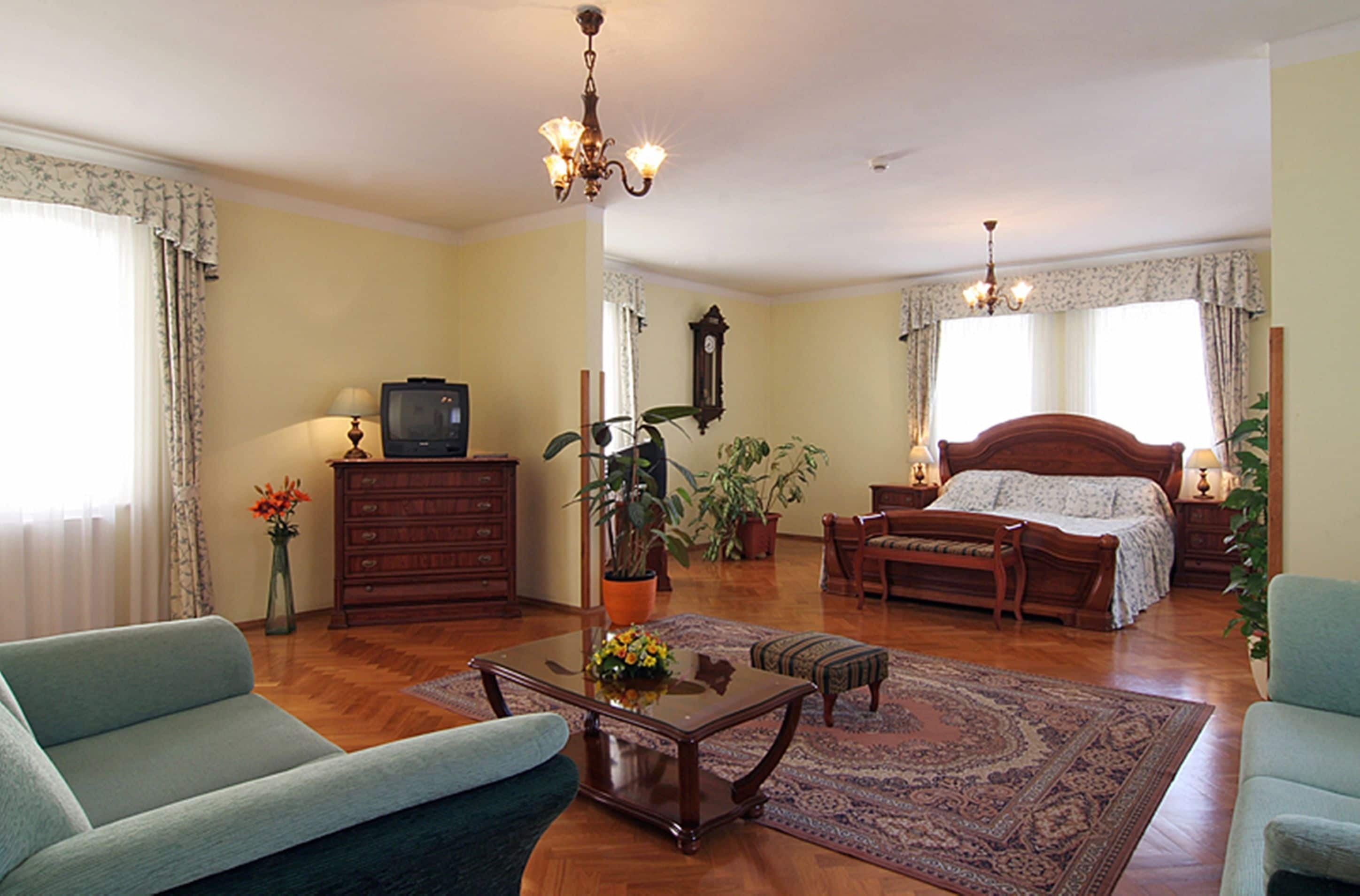A spacious living room with a sofa, a coffee table, a television, and a bed with a wooden headboard. There are potted plants and a chandelier.
