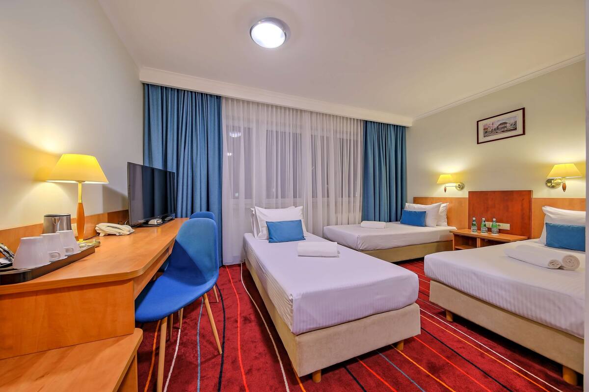 A hotel room with two single beds, a desk with a chair, a TV, and a red carpet.