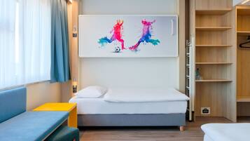 Desk, laptop workspace, blackout curtains, free WiFi