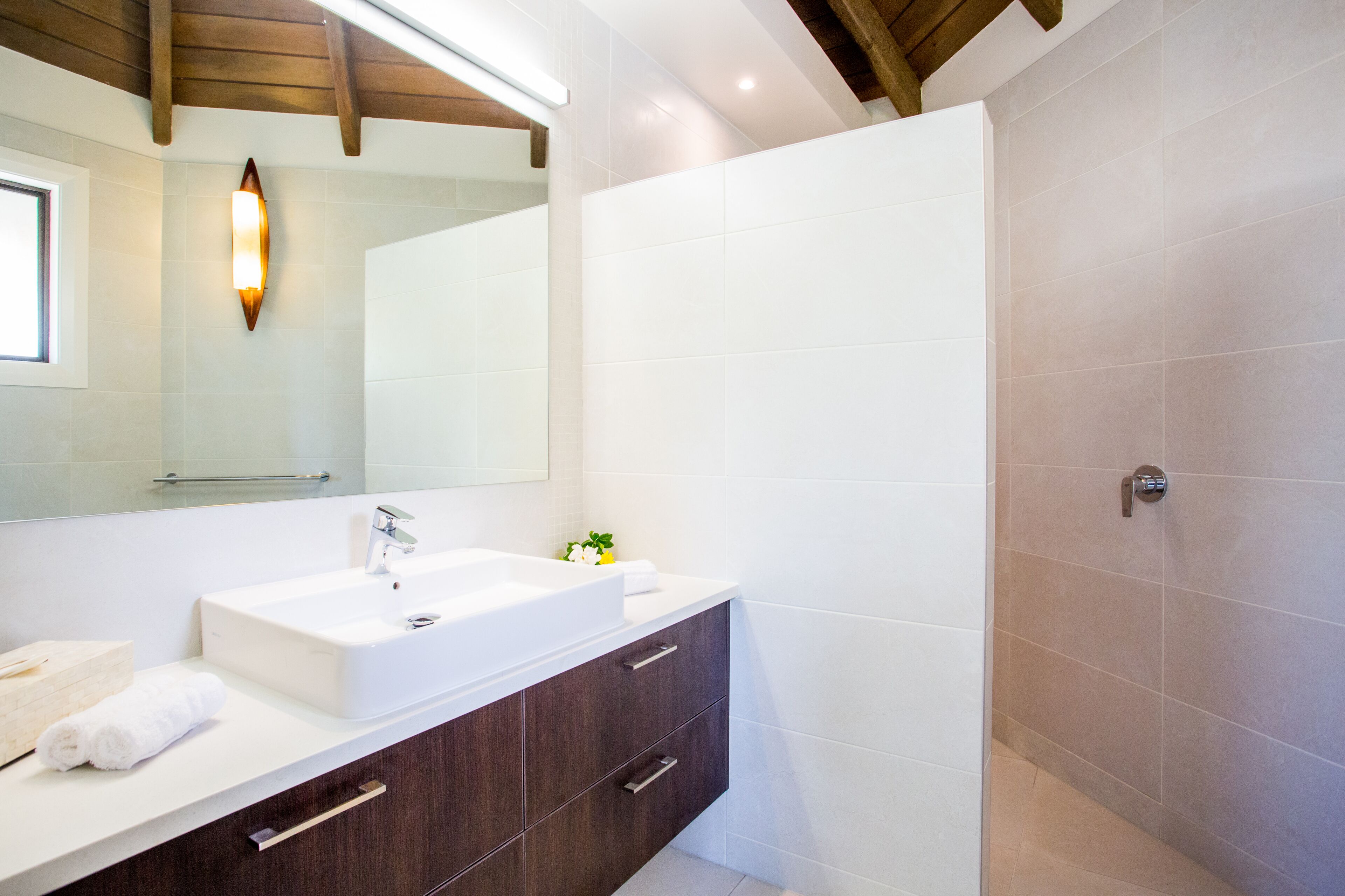 Une salle de bain moderne avec un grand miroir, un lavabo blanc, des meubles en bois foncé et un espace douche.