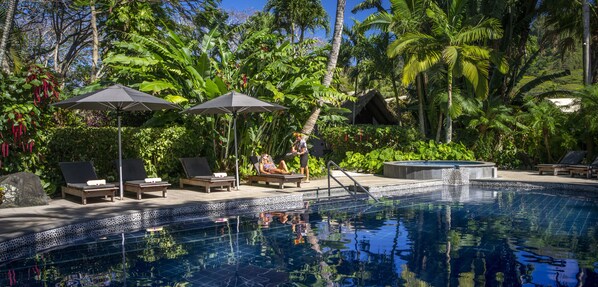 Outdoor pool, pool umbrellas, pool loungers