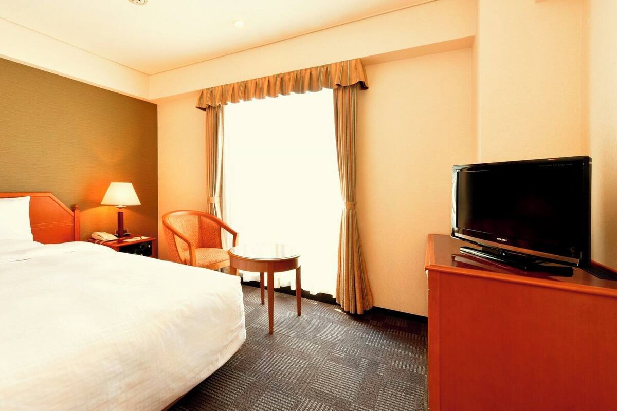 A hotel room with a large bed, a chair, a desk with a television, and a window with curtains.
