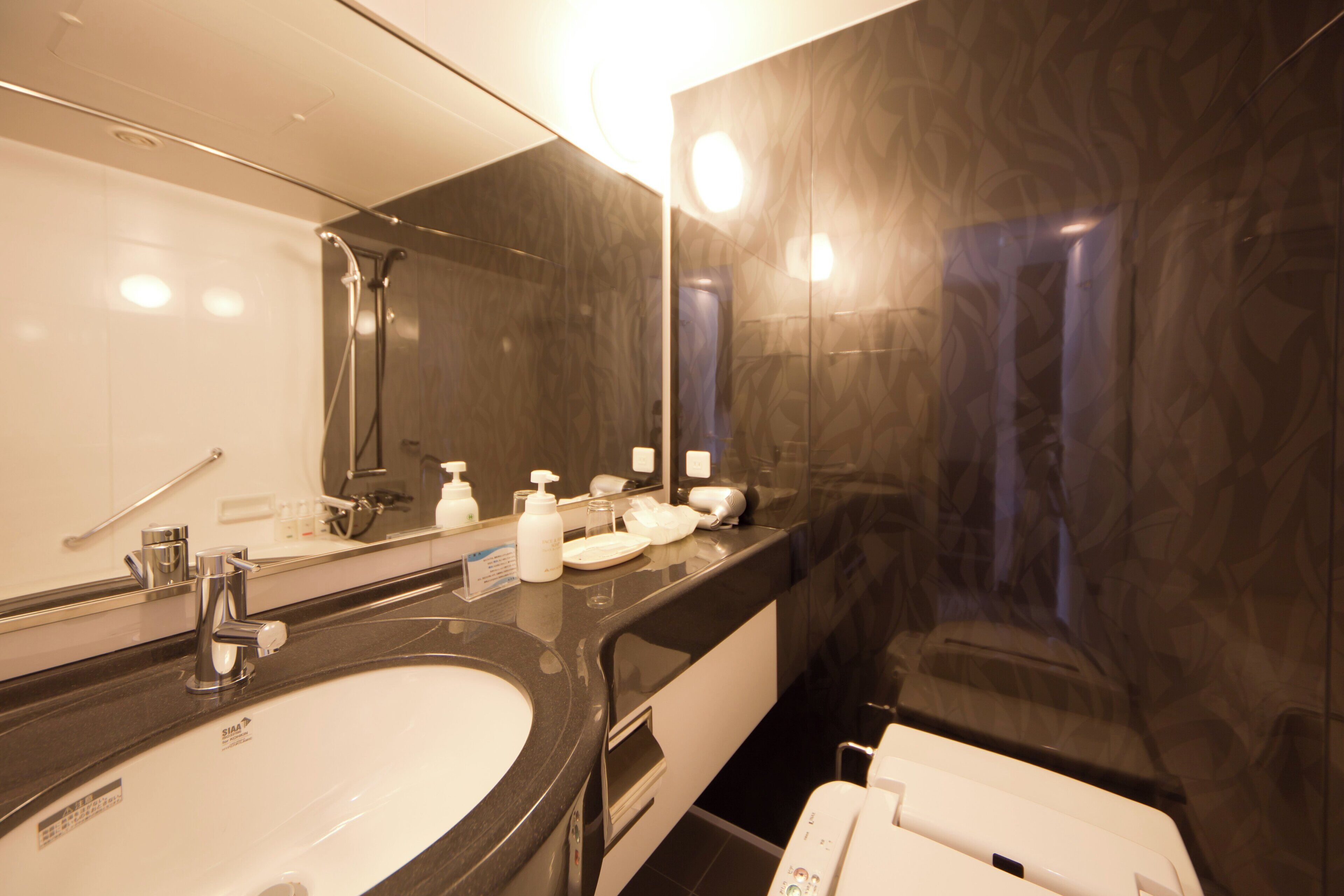 Combined shower/tub, free toiletries, hair dryer, slippers