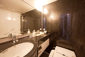 Combined shower/bathtub, free toiletries, hair dryer, slippers