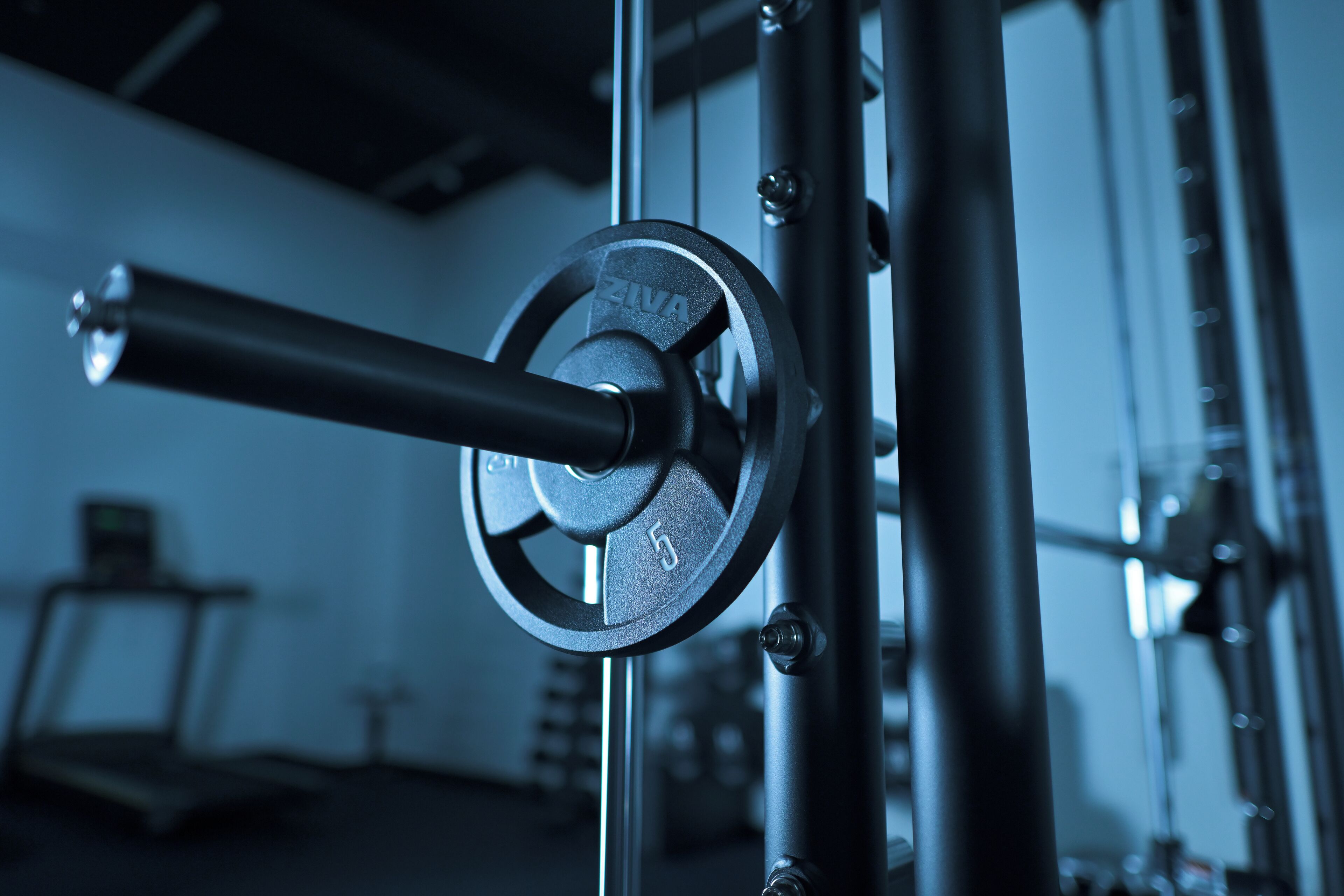 Une machine de musculation avec un poids visible, indiqué par le chiffre « 5 ».