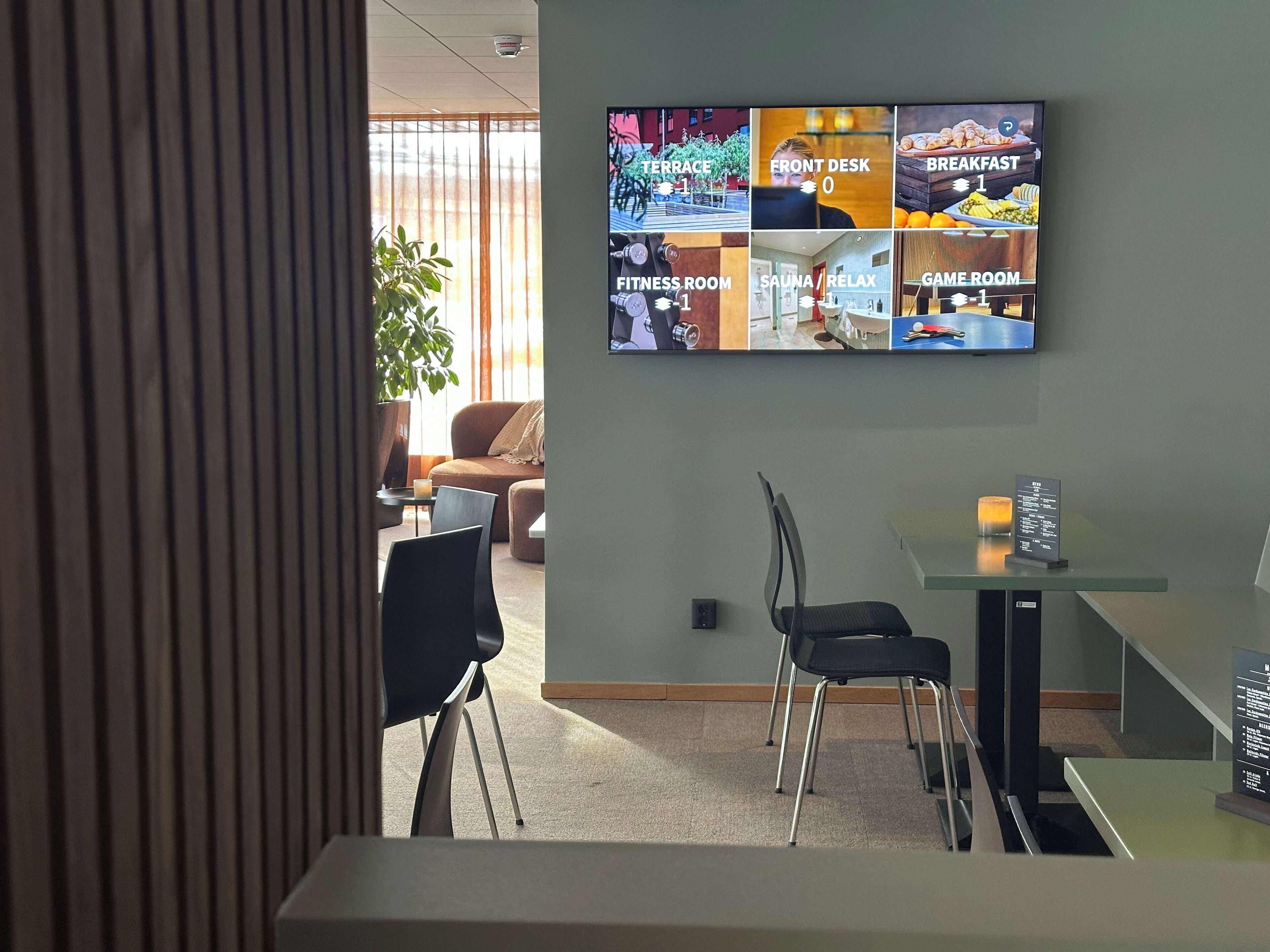 Un vestíbulo de hotel con un gran panel que muestra diversas comodidades, como una terraza, recepción, desayuno, gimnasio, sauna/relajación y sala de juegos.
