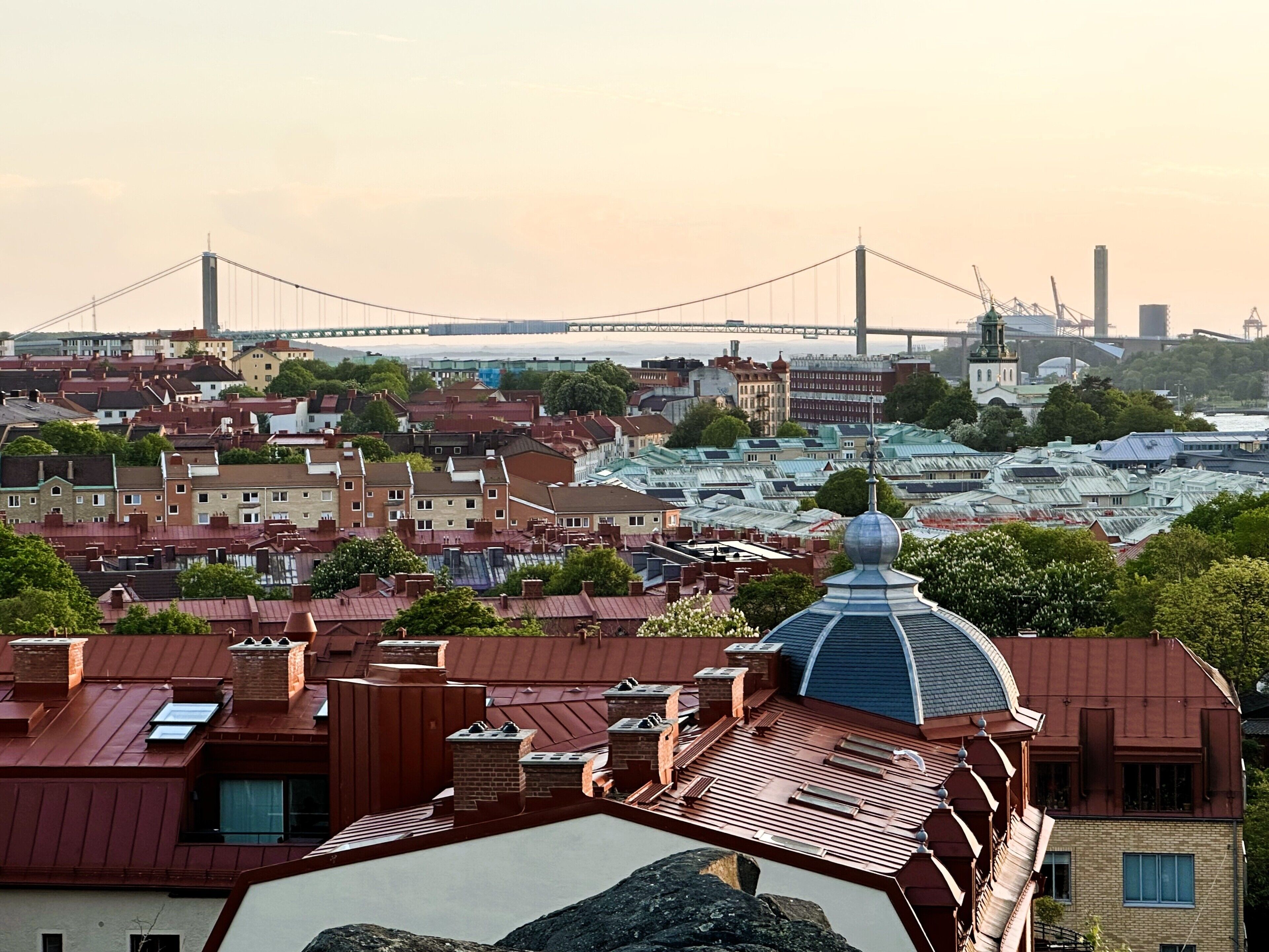 A cityscape with a prominent bridge in the background, a variety of buildings with different architectural styles, and a large dome structure in the foreground.