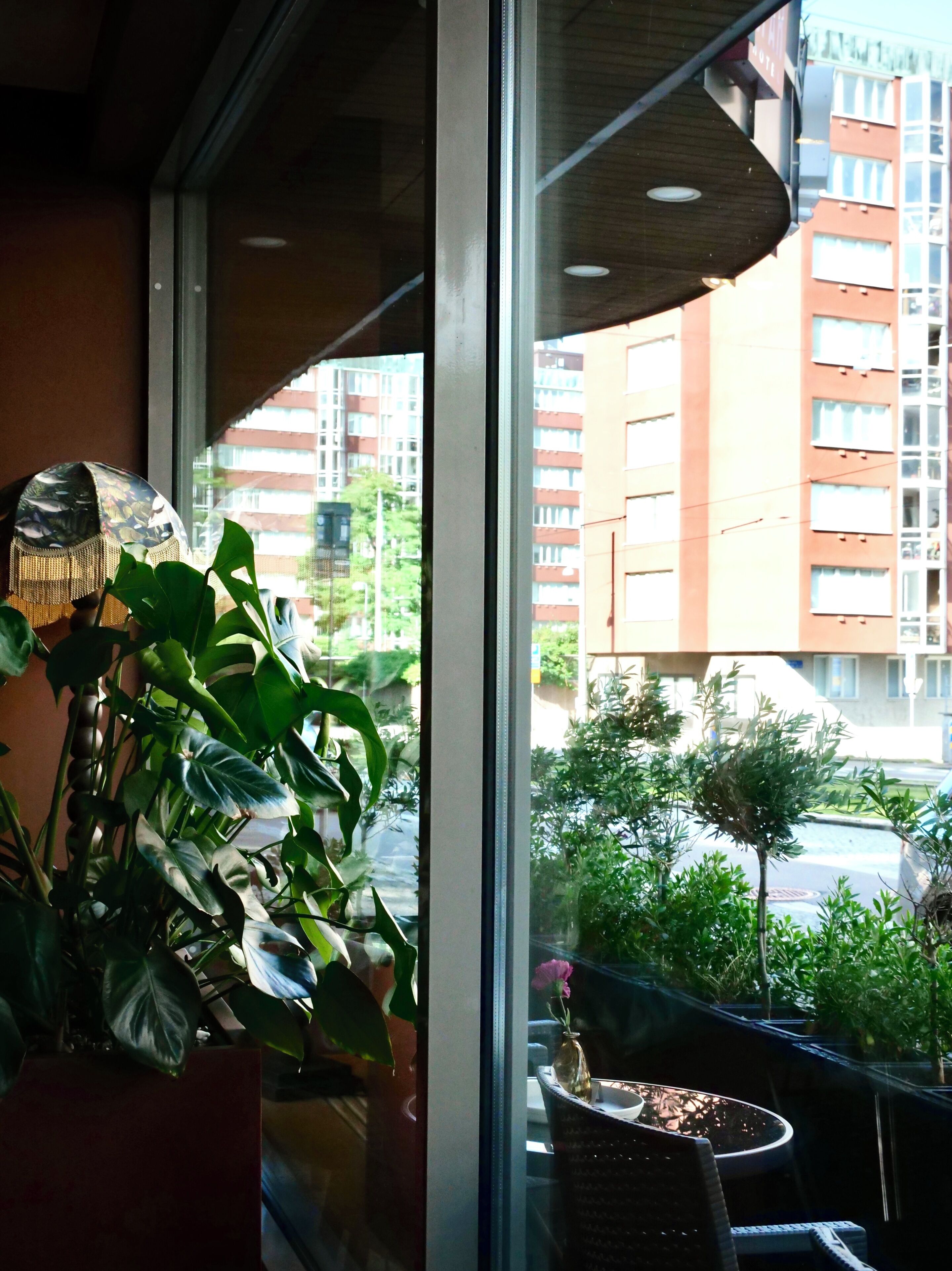 A window with a view of a building, a potted plant, and a small table with a vase.