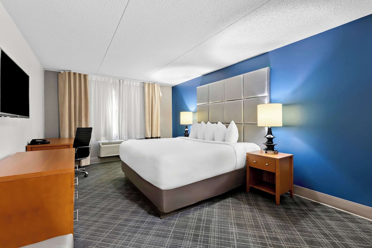 A hotel room with a large bed, a desk, a chair, a TV, and a lamp.