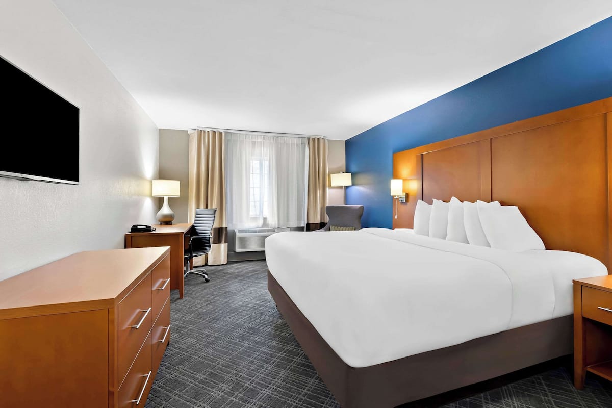 A hotel room with a large bed, a desk with a chair, a television, and a desk lamp.