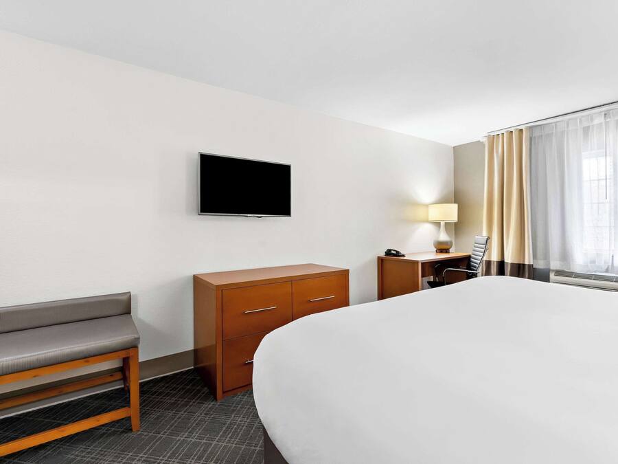 A hotel room with a large bed, a wooden bench, a desk with a lamp, a TV mounted on the wall, and a window with curtains.