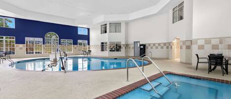 Indoor pool, open 9:00 AM to 10:00 PM, sun loungers