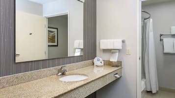 Un baño moderno con lavamanos de encimera de granito, un espejo grande y una zona de ducha.