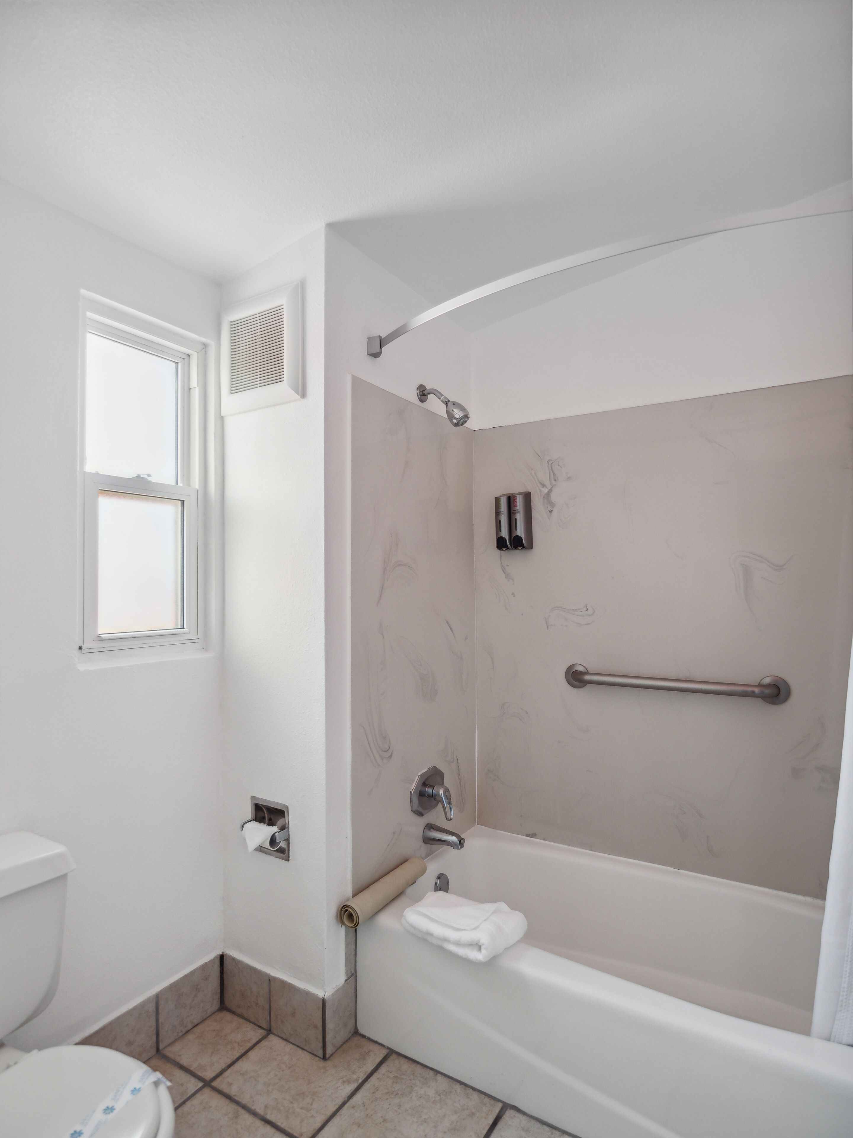 Ein Badezimmer mit Toilette, einer Dusche mit Haltegriff und einem Fenster.