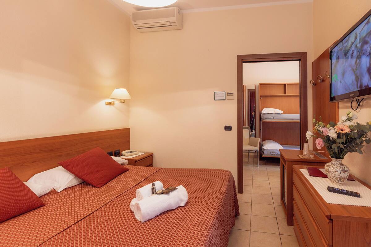 Habitación de hotel con cama, mesita de noche, televisión y escritorio con un florero.