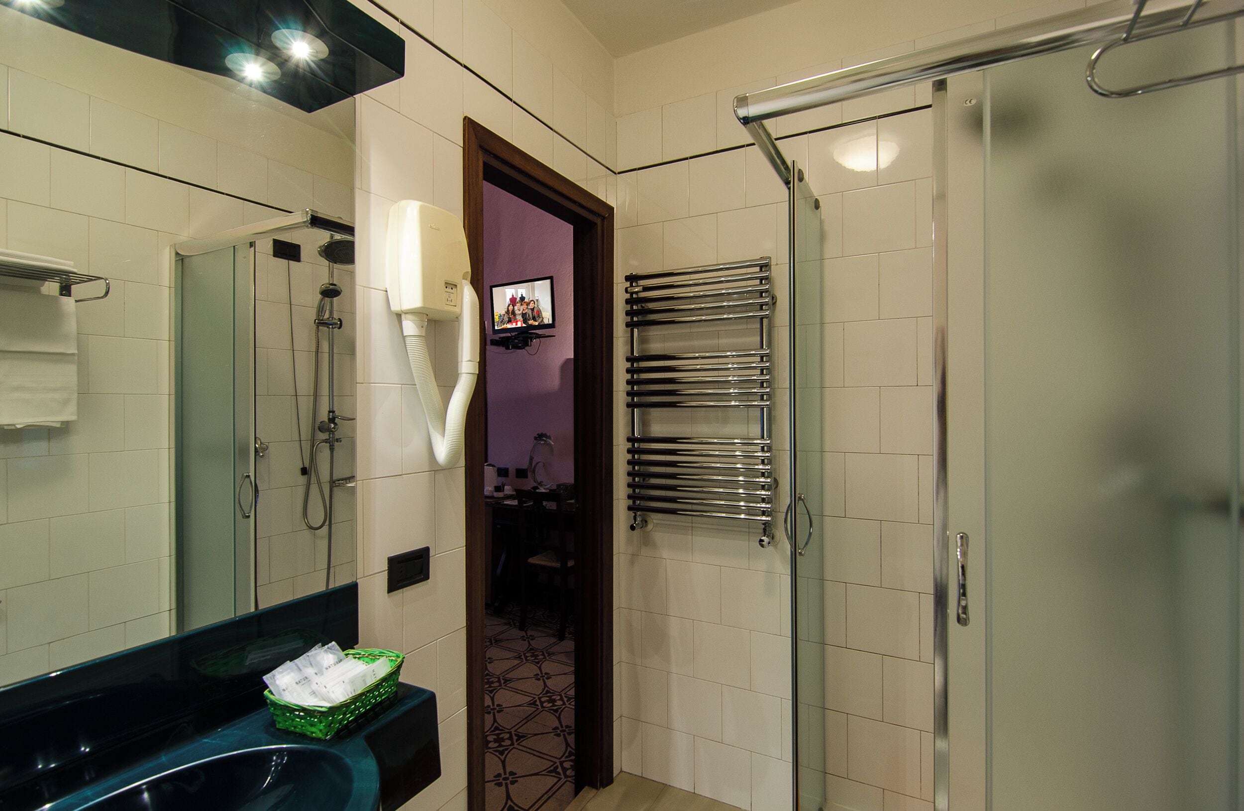 Un bagno con doccia, un lavandino con specchio, un portascopevoli e una televisione montata a parete.