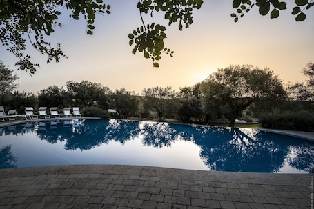 Outdoor pool, pool loungers. Hotel Masseria degli Ulivi