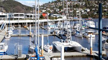 A marina with multiple boats docked, a bridge, and a hillside residential area in the background.