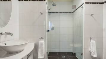 A modern bathroom with a large white sink, a glass shower enclosure, and a mirror.