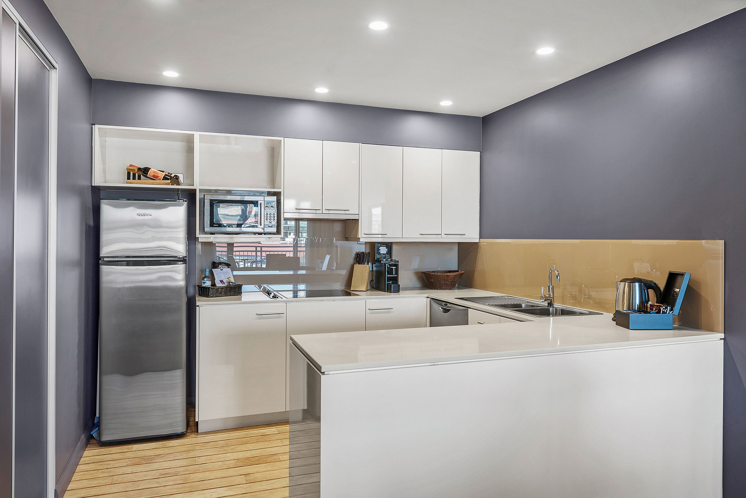 fridge, coffee/tea maker, electric kettle, toaster