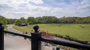 Vista desde un balcón sobre un campo verde con una cerca, un edificio y árboles.
